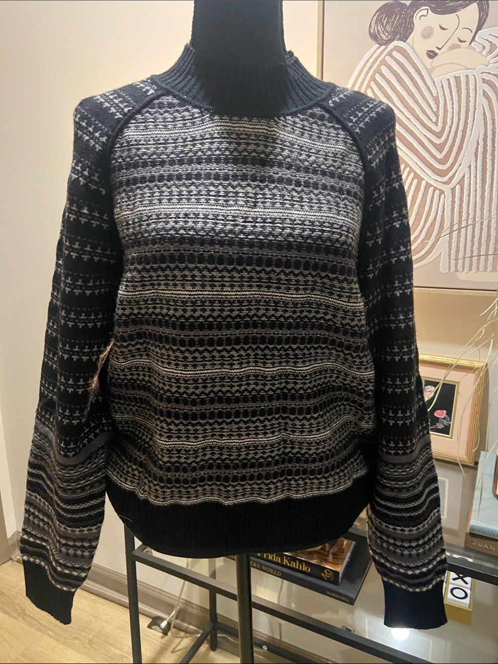 Evereve Black and Gray Cowl-Neck Patterned Sweater